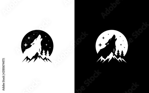 Howling Wolf Night Mountain Forest Full Moon Logo Vector Template