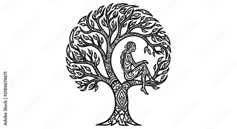 Fototapeta premium Intricate tree illustration with a seated figure detailed black and white design