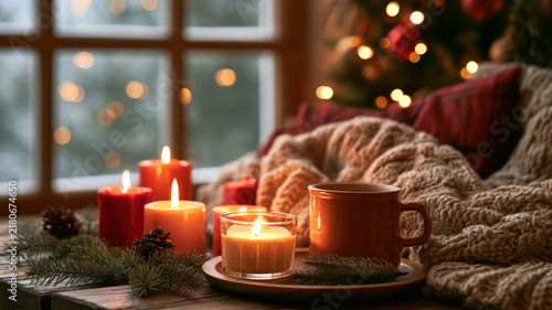 Burning candles, steaming mug and soft knitted blanket on a rustic windowsill, pine branches and blurred christmas lights add a warm, cozy holiday atmosphere