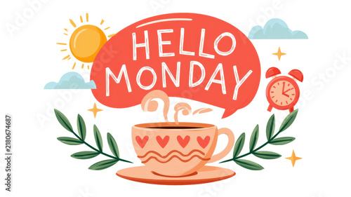 Hello monday text in a speech bubble with a steaming coffee cup, alarm clock, sun, clouds, and leaves, symbolizing a fresh start to the work week, on a transparent background