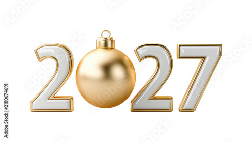 New year 2027 concept with glossy white and golden 3d numbers, featuring a luxurious christmas bauble ornament on a transparent background, symbolizing celebration and future