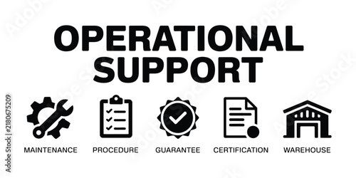 Operational support web banner icons featuring maintenance, procedure, guarantee, certification, and warehouse symbols for business service vector design