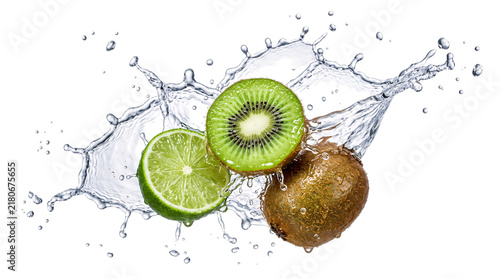 Obraz na płótnie Whole kiwi and half lime splashing in water with png on isolated transparent bac