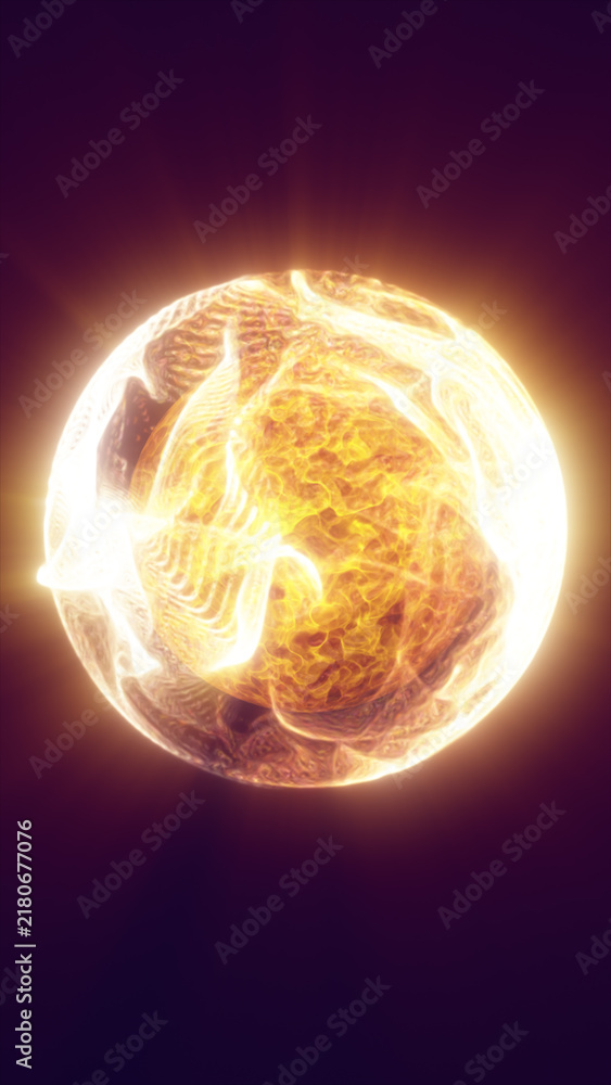 Fototapeta premium Golden fiery plasma sphere glowing on a dark purple background, symbolizing solar energy, power, heat, and cosmic transformation.