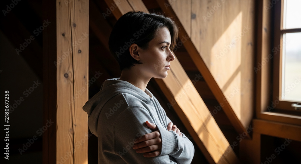 Fototapeta premium Woman looking out window with arms crossed, sunlit wooden interior, symbolizing contemplation, introspection, and solitude.