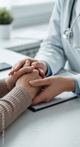 Doctor holding patient's hand, symbolizing care, empathy, and trust in a healthcare setting, conveying support and reassurance