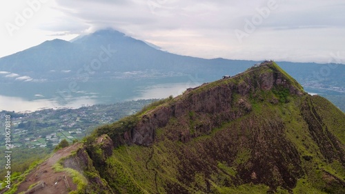Aerial view of Mount Agung volcano during sunrise from Mount Batur Bali