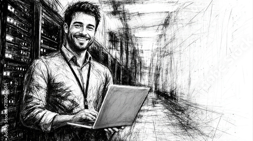 A smiling male technician in his 30s working on a laptop in a high-tech server room, presented in a detailed black and white artistic ink sketch style with cross-hatching.