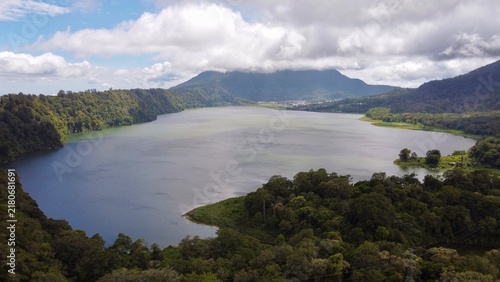 Aerial view of scenic Twin Lakes Buyan and Tamblingan in volcanic highlands