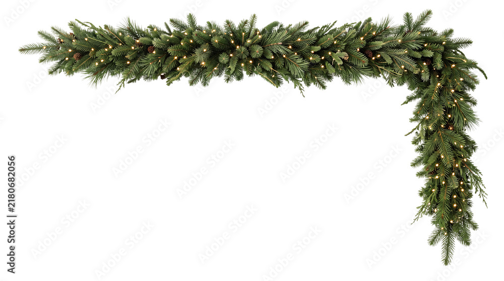 Obraz premium Lush green christmas garland with warm white led png on isolated transparent background