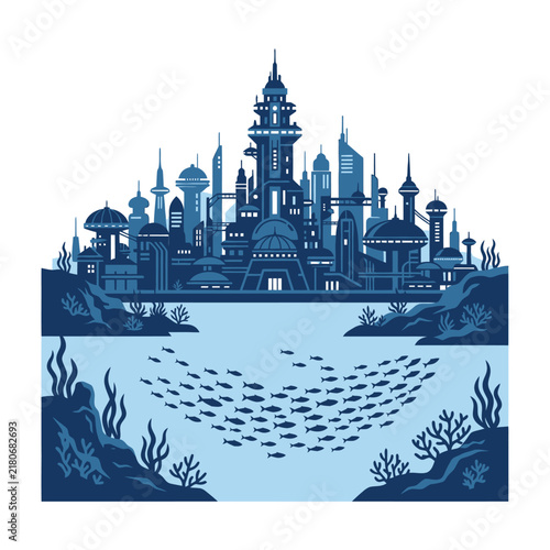 Futuristic underwater cityscape with advanced architecture and marine life