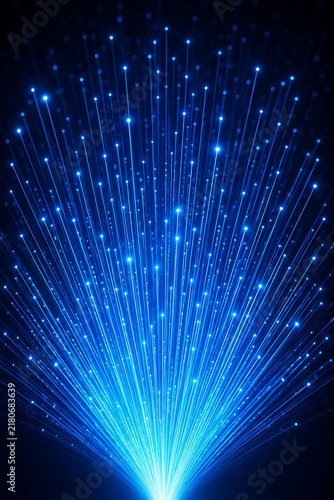 Fiber optic cables with blue glowing light, high speed data transmission background, digital network technology concept