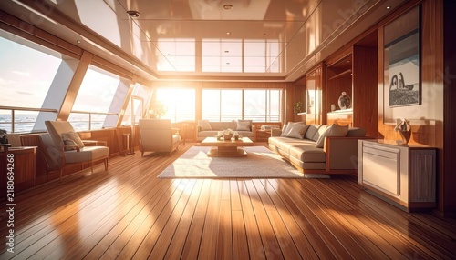 Luxurious Yacht Interior with Sunset Views and Elegant Furnishings.
