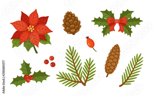 Exquisite hand drawn Christmas floral vector elements mega set. Marvelous flat style holiday winter plant collection isolated on transparent background. Perfect for card maker and scrapbooking DIY.