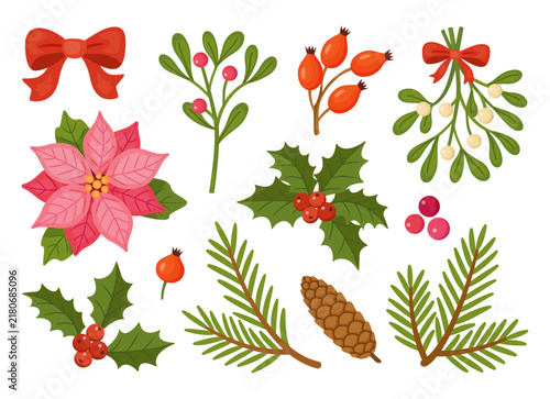 Magnificent hand drawn Christmas floral elements mega set. Wonderful flat style pink poinsettia mistletoe holly and branch collection isolated on transparent background. Great for holiday DIY craft.