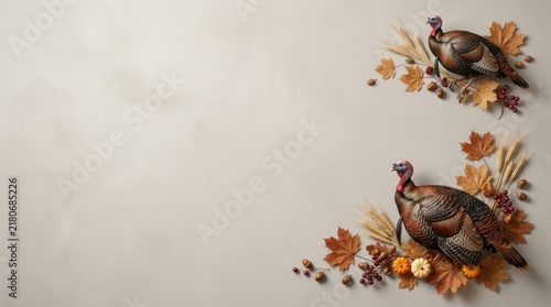 Turkey with leaves and oranges for christmas and thanksgiving.Christmas or Thanksgiving turkey. Thanksgiving background