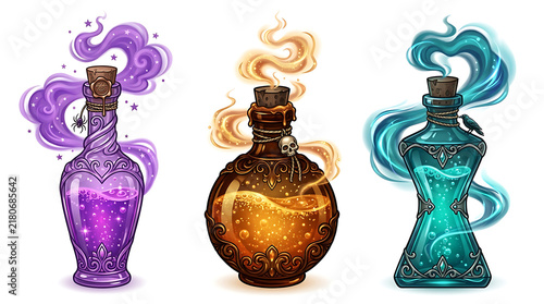 Fantasy magic potion bottles with swirling smoke, set of 3 mystical glass flasks, alchemy elixir jars for gaming and halloween