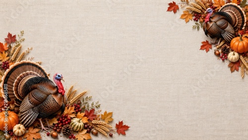 Turkey with leaves and oranges for christmas and thanksgiving.Christmas or Thanksgiving turkey. Thanksgiving background