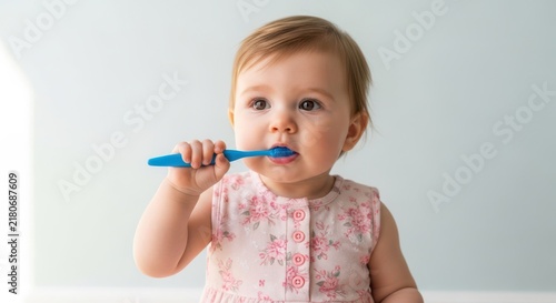 Cute little baby girl holding a blue toothbrush and learning to brush her teeth for healthy dental hygiene habits