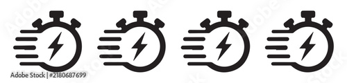 Fast charge stopwatch icon set with black lightning symbol and motion lines for battery speed sign.