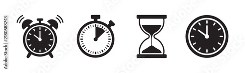 Alarm clock and stopwatch timer icons with hourglass and wall clock for scheduling and time control.