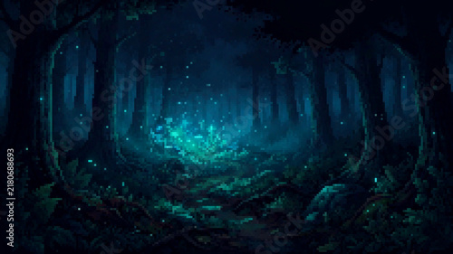 Pixel art enchanted forest with glowing magic light at night
