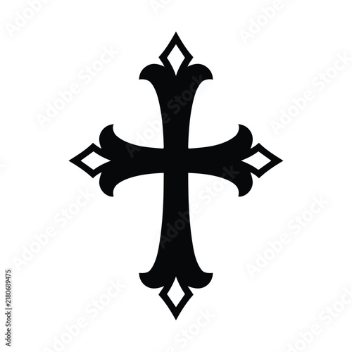 Black and white decorative cross vector icon on a white background