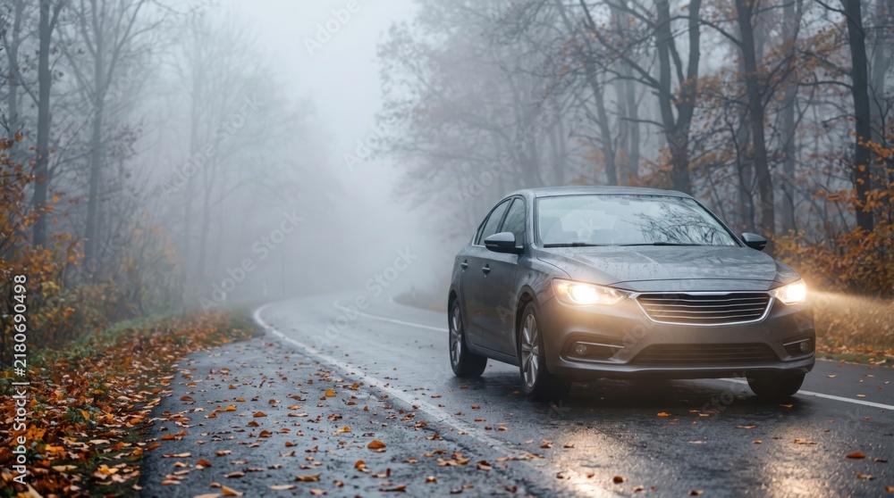 Obraz premium Car driving on a wet winding road through a foggy autumn forest, representing dangerous weather conditions, reduced visibility, road safety and seasonal driving
