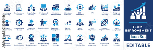 Team improvement solid icon set. Featuring skill development, team synergy, productivity boost, and conflict resolution. Vector icons for training materials, coaching workshops, and HR software.