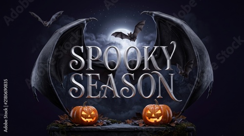 Spooky season text with glowing jackolanterns and bat wings under a full moon