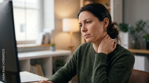 Horizontal photo of a woman working at a computer in an office and holding her neck in pain