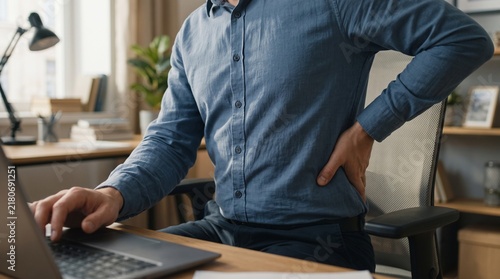 Horizontal photo of a man sitting at a desk and holding his lower back in pain due to backache
