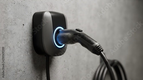 EV Charging Cable Connector with Blue Indicator Light on Garage Wall