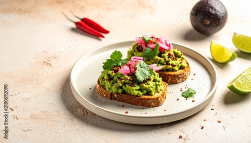 Two pieces of toast topped with mashed avocado, lime, chili, cilantro, and pickled onion are served on a plate. Lime halves and an avocado are nearby