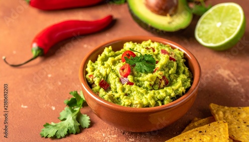 Guacamole is served in a small bowl on a table with fresh ingredients like chili peppers, lime, and avocado nearby. Tortilla chips are placed next to the bowl