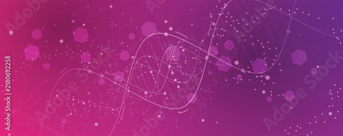 Futuristic halftone, DNA strands, connected neural web. Chemical and medical background