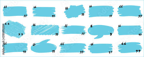 Creative collection of  hand drawn blue marker scribble text box templates and speech bubbles with black quotation marks for highlight design.