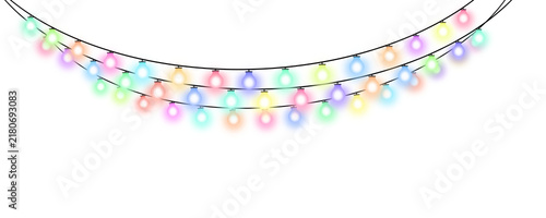 Colorful light bulbs hanging on a string against white background