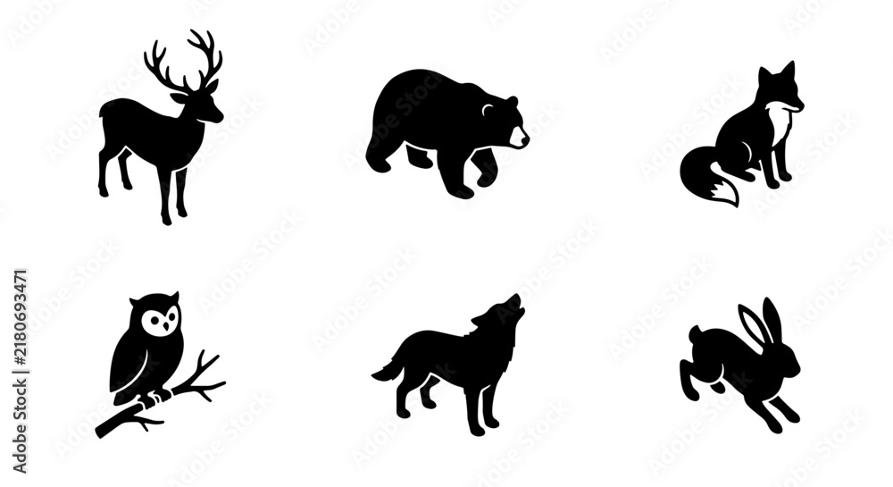 Obraz premium Forest Wildlife Icons Set, Woodland Animals Silhouette Collection, Nature Vector Graphics