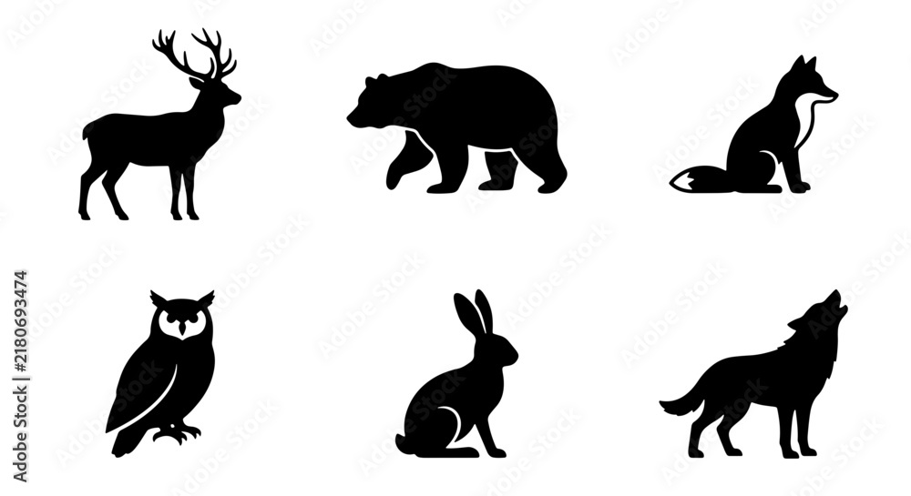 Obraz premium Forest Wildlife Silhouettes: Deer, Bear, Fox, Owl, Rabbit, Wolf Icons Set
