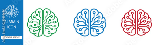   AI brain icon line style neural network intelligence editable stroke vector set for technology concepts.