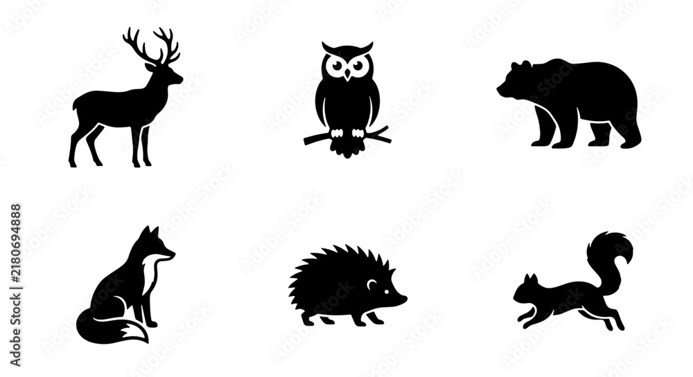 Obraz premium Forest Animal Silhouettes Collection: Deer, Owl, Bear, Fox, Hedgehog, Squirrel Icons