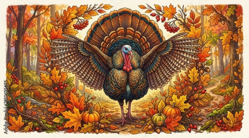 Turkey with spread wings in autumn forest