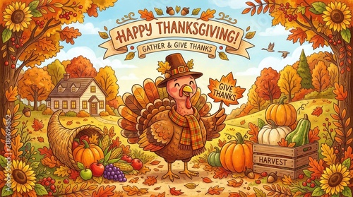 Happy thanksgiving cartoon turkey with harvest basket