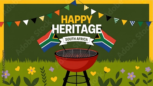 Happy heritage day celebration with south africa flags and braai