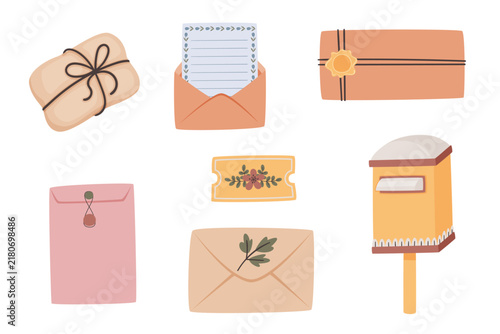 фотографія Hand drawn vintage postal collection with mailbox, envelopes, letters, wrapped p