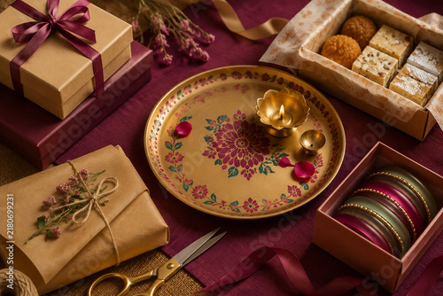 Decorated thali, brass diya, bangles, and wrapped sweets for Diwali gift giving and festive celebration