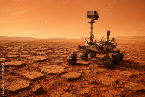 Six-wheeled rover on Martian soil with rocky terrain, planetary exploration concept