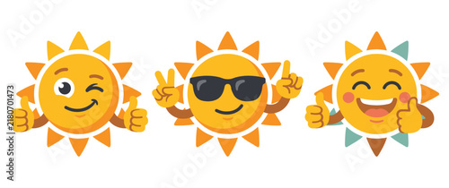 Smiling sun character collection with positive expressions set.