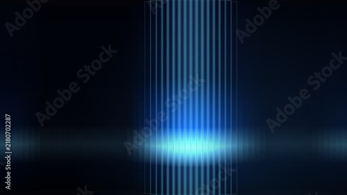 Abstract blue light beams radiating from a central point in deep darkness